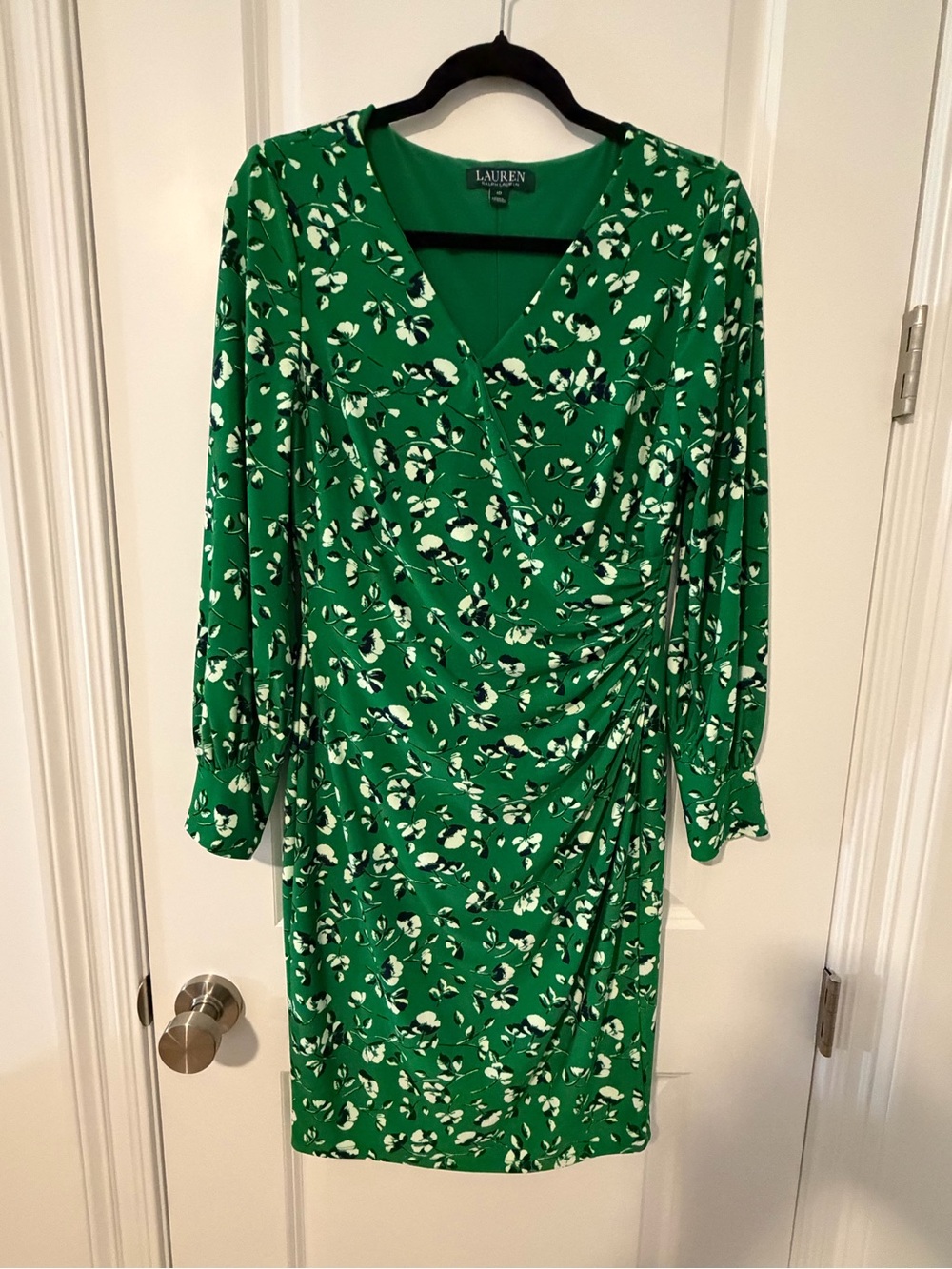 Ralph Lauren Green Floral Long Sleeve Ruched V Neck Dress